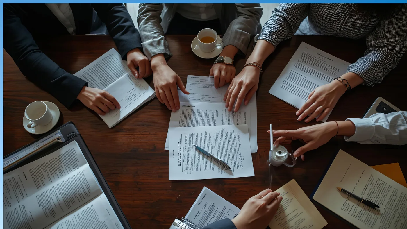 People reviewing business documents around a table